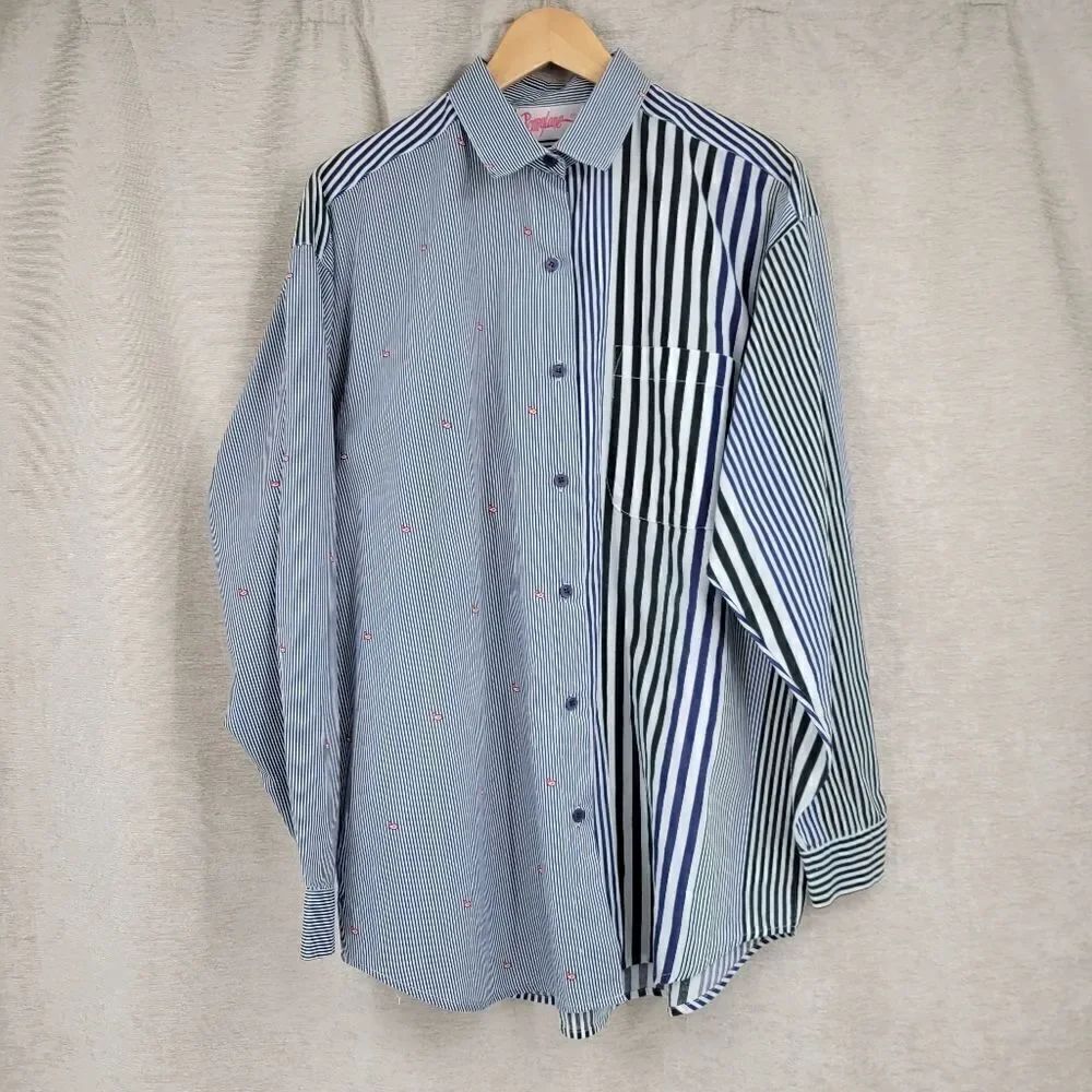 Pennylane Vintage Split Pattern Stripes Button Down Shirt Paisley Bandana Print